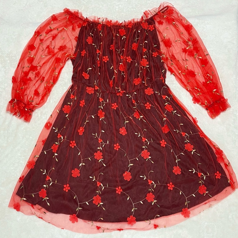 SHEIN Red Embroidered Mesh Bardot Dress